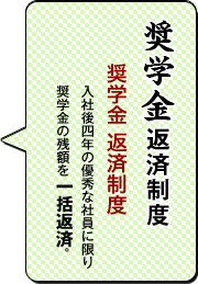 奨学金返済制度／奨学金 返済制度／入社後四年の優秀な社員に限り奨学金の残額を一括返済。